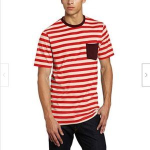 Volcom Men's Submission Red and Beige Striped Pocket T-shirt